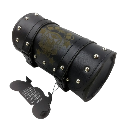 Sacoche de fourche moto en cuir noir avec rivets et motif tête de mort vintage