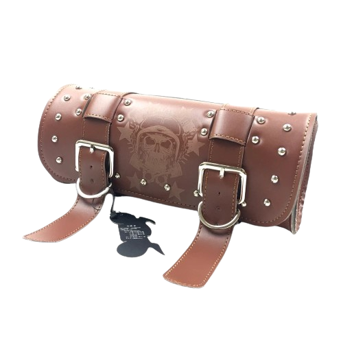 Sacoche de fourche moto marron avec clous et motif tête de mort biker vintage