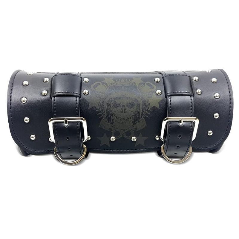 Sacoche de fourche moto noire cloutée avec gravure tête de mort casque et étoiles