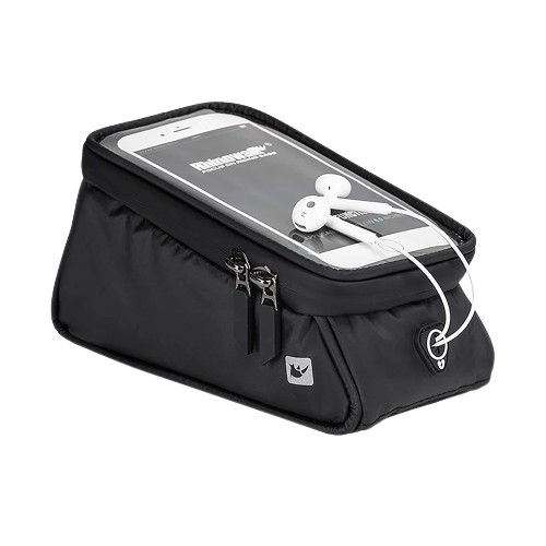 Sacoche de réservoir moto étanche noire avec pochette smartphone tactile et passe-câble audio