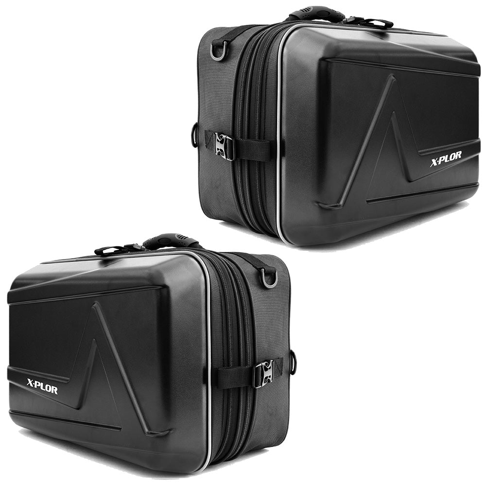 Paire sacoches cavalières X-PLOR noires 25L, semi-rigides, étanches, liseré réfléchissant.