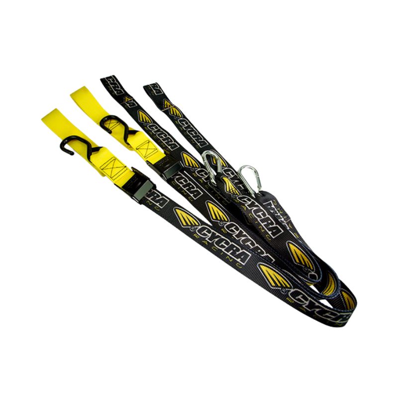 Sangle moto remorque Cycra jaune et noire avec crochet et mousqueton