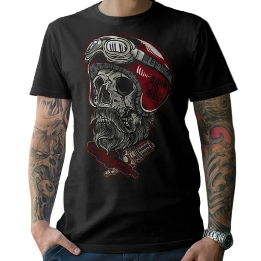 T-shirt moto homme noir avec crâne biker moustachu, casque rouge, texte Born to Ride.