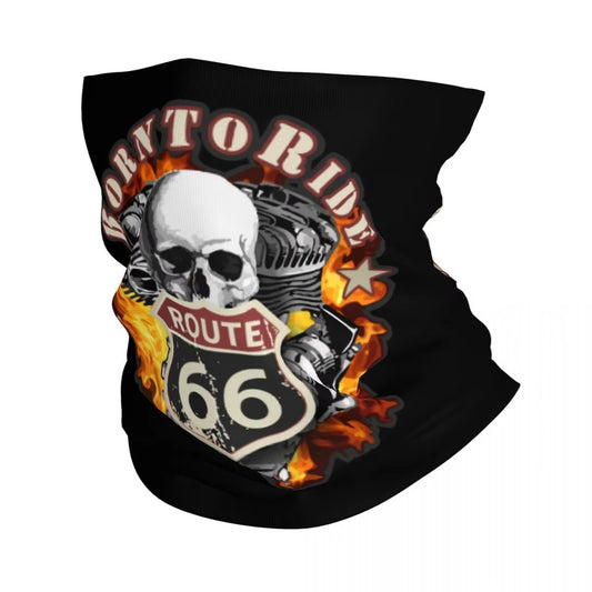Tour de cou moto Born to Ride Route 66 avec crâne enflammé, style biker vintage, protection respirante contre vent et poussière