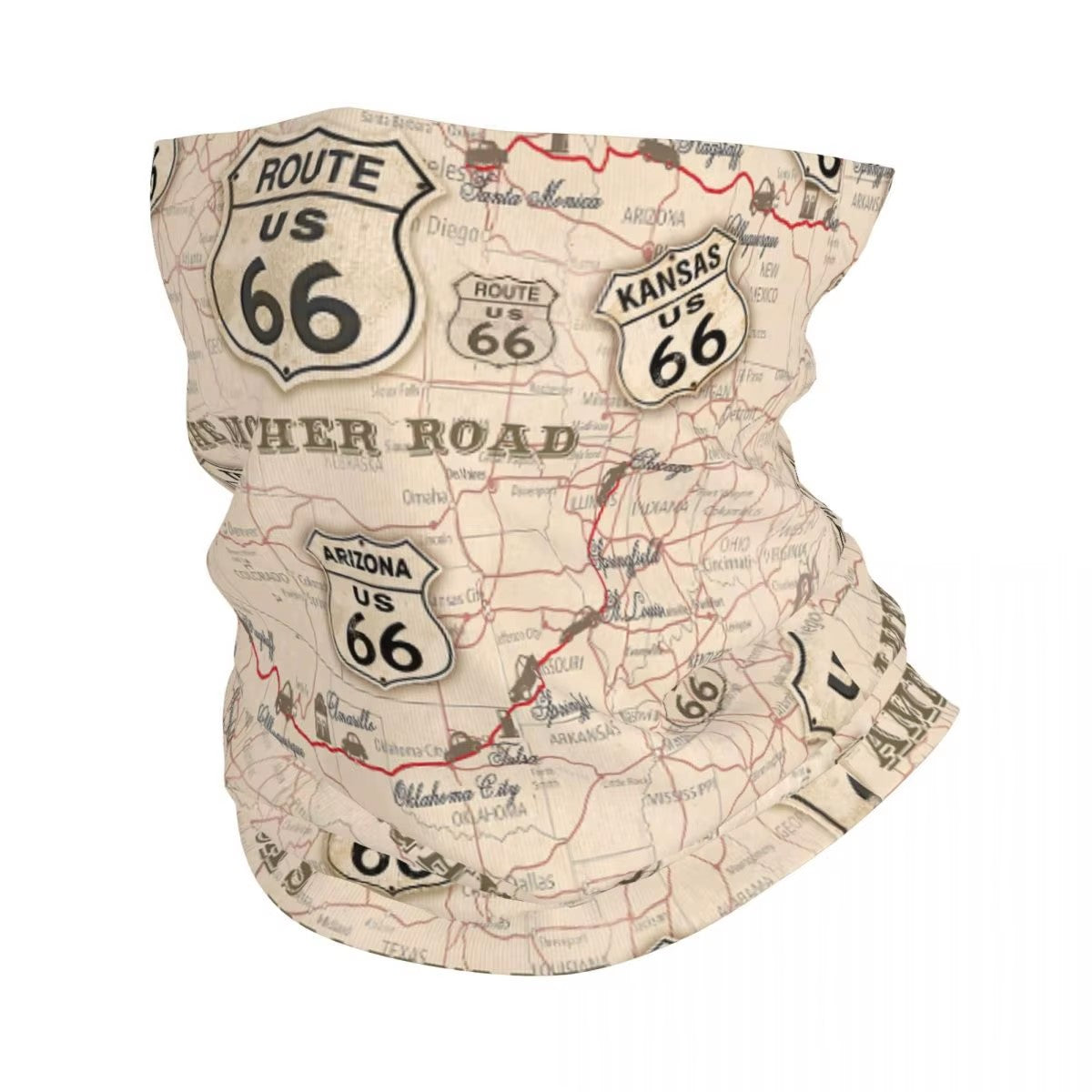 tour de cou moto carte Route 66, design vintage avec carte détaillée, accessoire respirant et coupe-vent pour motard aventurier