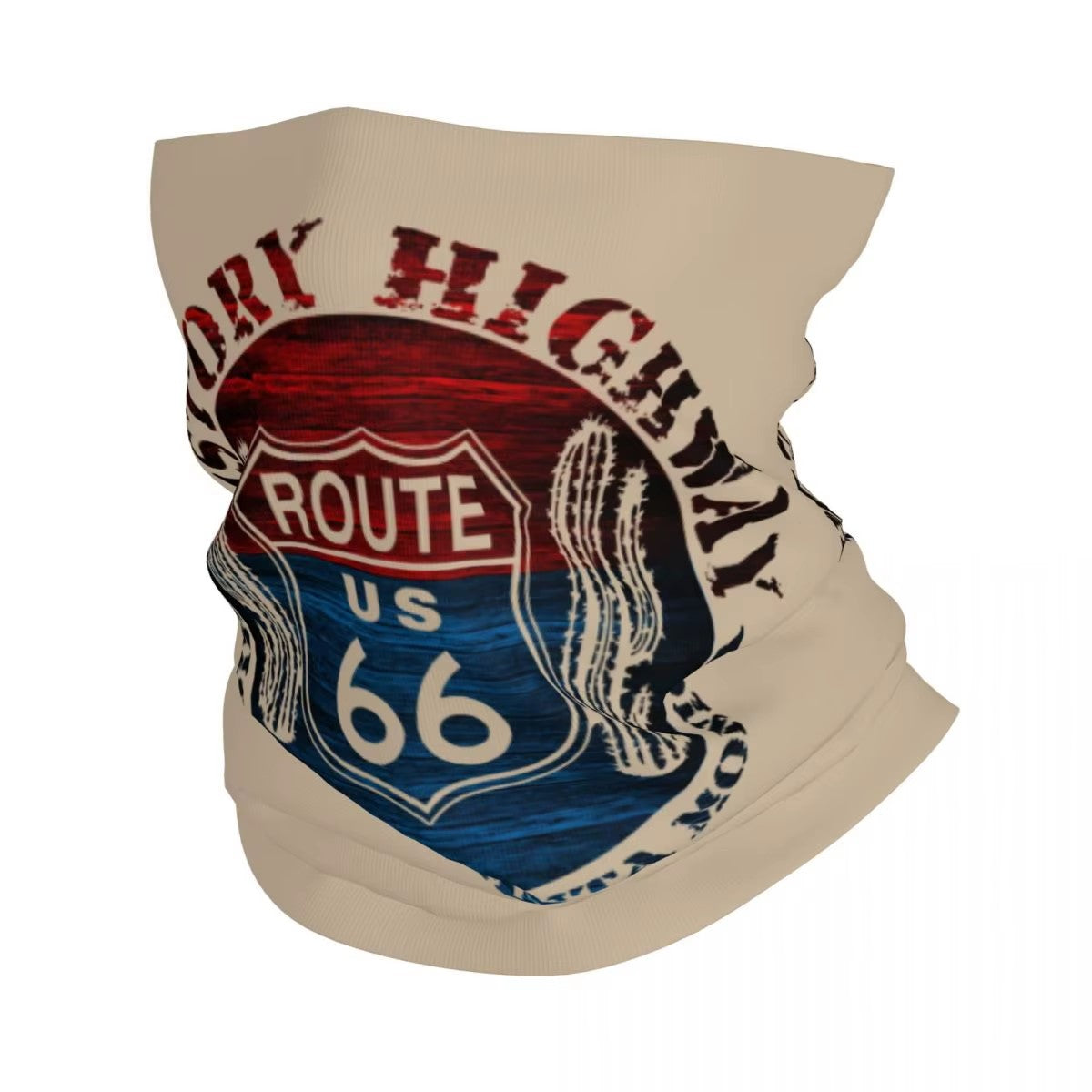Tour de cou moto History Highway Route 66, imprimé rétro avec cactus et couleurs vintage, protection respirante contre le vent et la poussière