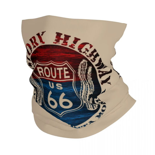 Tour de cou moto History Highway Route 66, imprimé rétro avec cactus et couleurs vintage, protection respirante contre le vent et la poussière