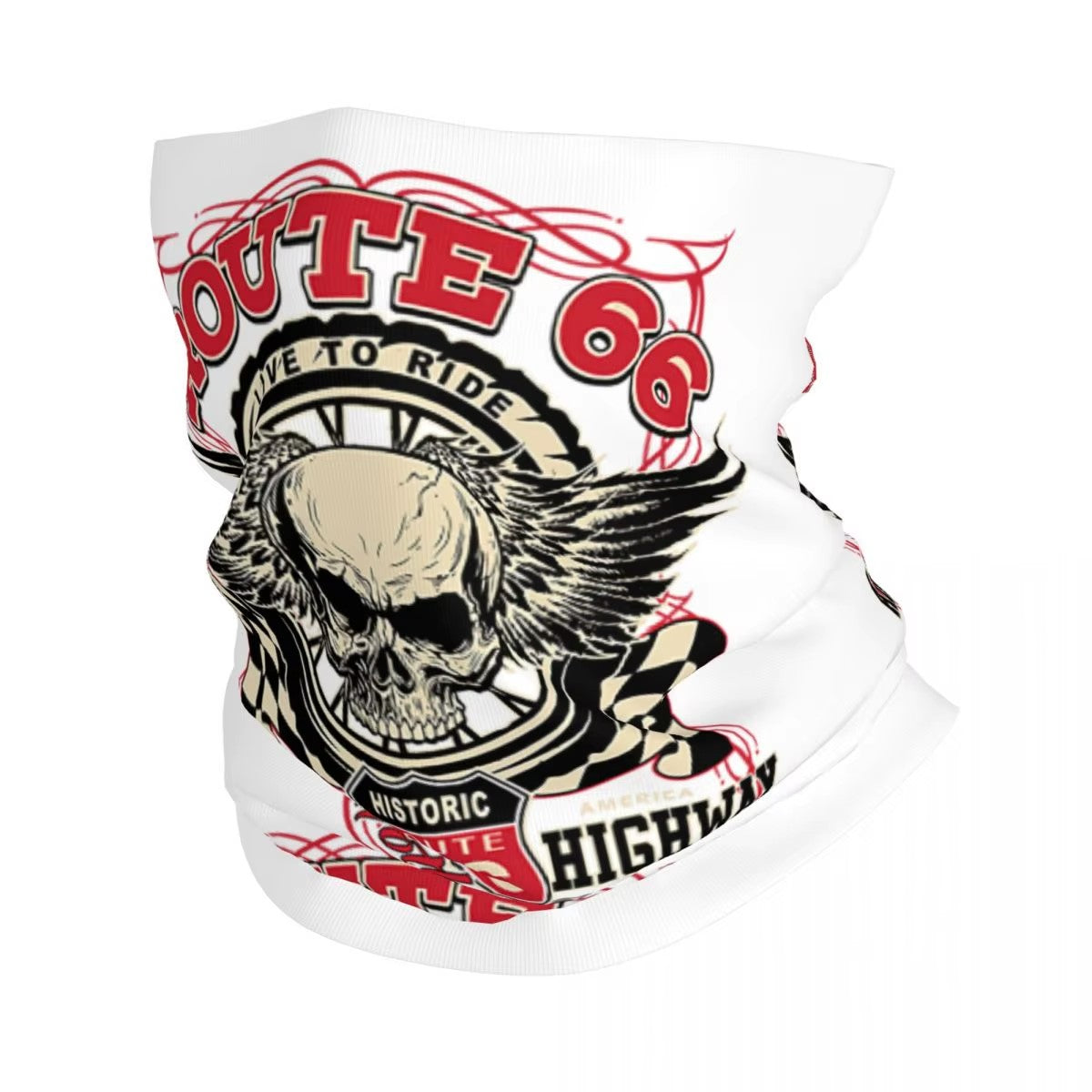 Tour de cou moto Live to Ride Route 66, design biker avec crâne ailé, protection coupe-vent respirante pour motards en toute saison