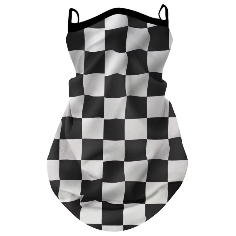 tour de cou moto long à carreaux noirs et blancs, design rétro unisexe, accessoire respirant avec fixation oreilles, protection coupe-vent