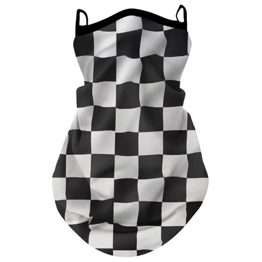 tour de cou moto long à carreaux noirs et blancs, design rétro unisexe, accessoire respirant avec fixation oreilles, protection coupe-vent