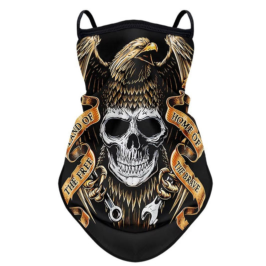 tour de cou moto long crâne avec aigle, design biker audacieux, accessoire respirant avec fixation oreilles, protection coupe-vent