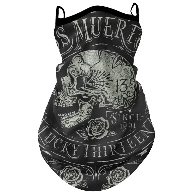 tour de cou moto long avec motif crâne rétro, style vintage rebelle, accessoire respirant avec fixation oreilles pour motard