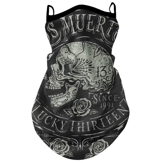 tour de cou moto long avec motif crâne rétro, style vintage rebelle, accessoire respirant avec fixation oreilles pour motard