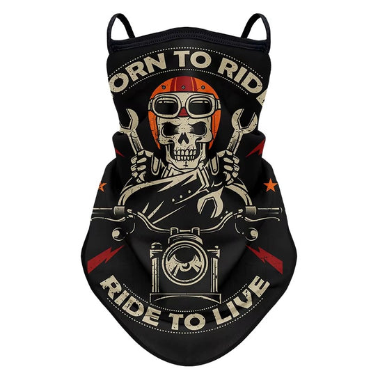 tour de cou moto long Ride to Live, design sobre avec message motard, accessoire respirant avec fixation oreilles, protection contre le vent