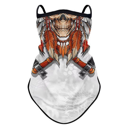 tour de cou moto long avec motif tête de mort indien, design rebelle et original, protection respirante avec fixation oreilles