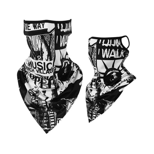 Tour de cou moto Music noir et blanc respirant avec fixation oreilles