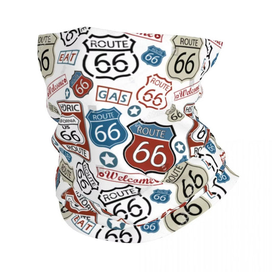 tour de cou moto avec panneaux Route 66, accessoire vintage respirant pour motards, protection contre le vent et la poussière