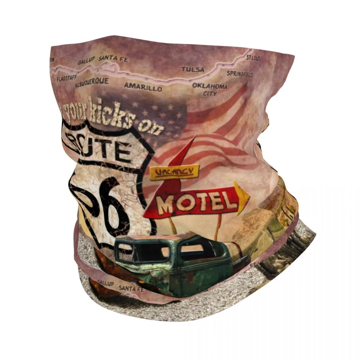 Tour de cou moto rétro Route 66 avec motifs de motels et cartes américaines, polyester respirant, protection vent et poussière, style vintage biker
