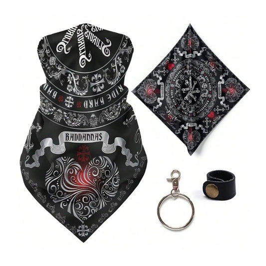 Tour de cou moto biker noir avec motif tribal et accessoires inclus