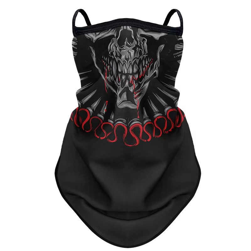 tour de cou moto tête de mort souriant, design biker audacieux noir et blanc, fixation oreilles, protection coupe-vent respirante