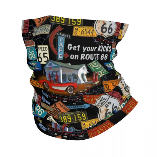 Tour de cou moto vintage Route 66 avec design plaques d’immatriculation et affiches rétro, protection respirante pour motards aventuriers