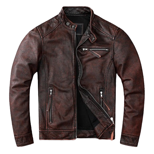 Veste biker homme vintage en cuir de vachette patiné brun-rouge.