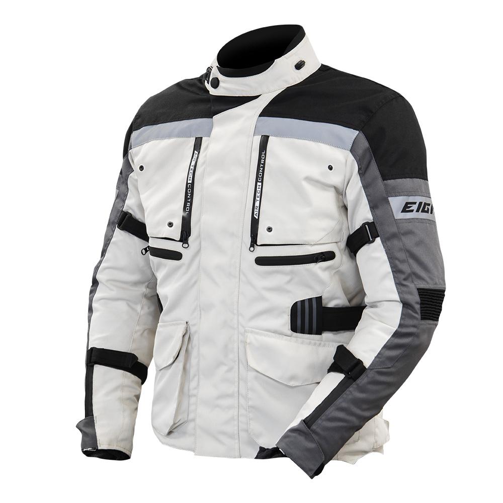 Blouson moto homme Trekk Eight blanc 4 saisons, protections CE, textile, bandes réfléchissantes.