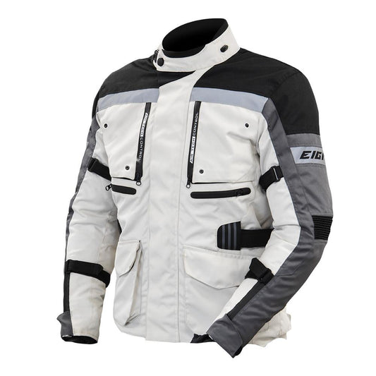 Blouson moto homme Trekk Eight blanc 4 saisons, protections CE, textile, bandes réfléchissantes.