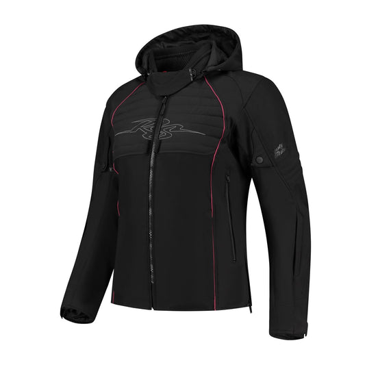Blouson moto femme Rusty Stitches Jack Naomi AA cintrée, détails rose fuchsia, homologuée CE.