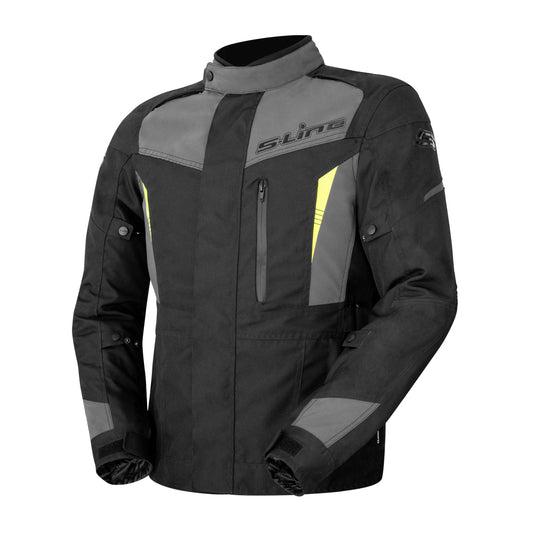 Veste moto hiver Adventure homme en polyester Oxford 600D noire et jaune fluo avec protections CE aux épaules et coudes, doublure thermique amovible et bandes réfléchissantes pour une sécurité optimale.