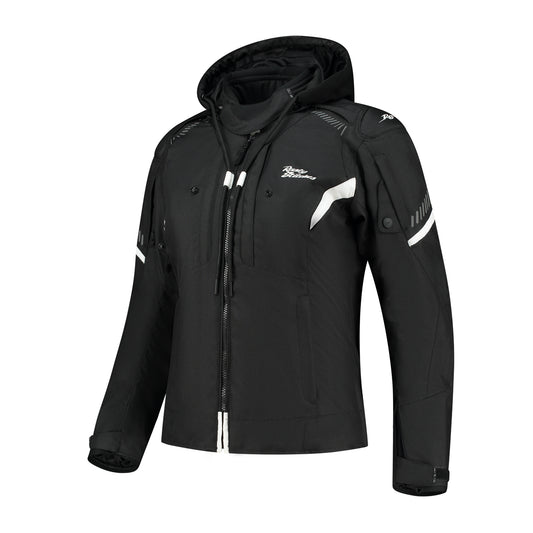 Blouson moto femme Jack Taylor, style sportif cintrée, homologué CE AA, avec capuche amovible.