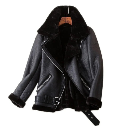 Veste Biker Femme Luxury noire en similicuir, doublure fausse fourrure mouton retourné.