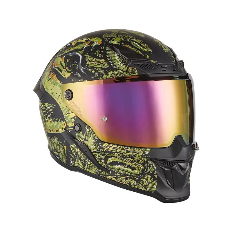 Casque intégral Goliath Mythology noir mat, motifs reptiliens or et verts.