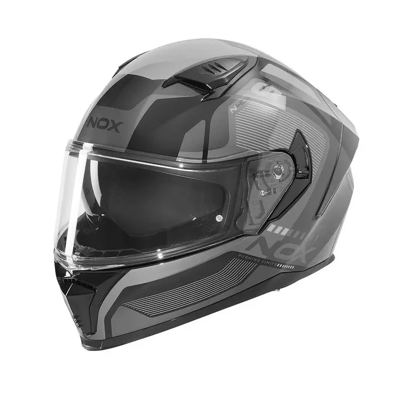 Casque intégral Nox N402 Mentor noir argent brillant, design sportif aérodynamique.