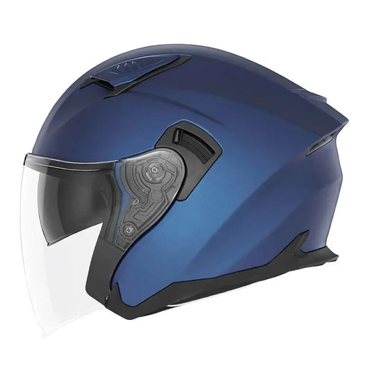 Casque Jet Nox N130 bleu mat avec double écran et visière claire.