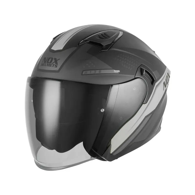 Casque jet Nox N130 Ekto noir mat argent, design urbain, double écran solaire intégré.