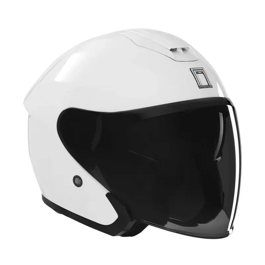 Casque jet Nox Spy blanc perle, style rétro-moderne, écran panoramique et double solaire intégré.