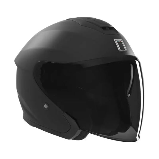 Casque jet Nox Spy noir mat vintage, visière large, logo drapeau tricolore.