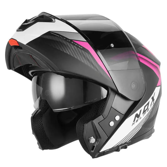 Casque modulable femme Nox N968 Shift noir mat blanc rose, motifs fibre carbone.