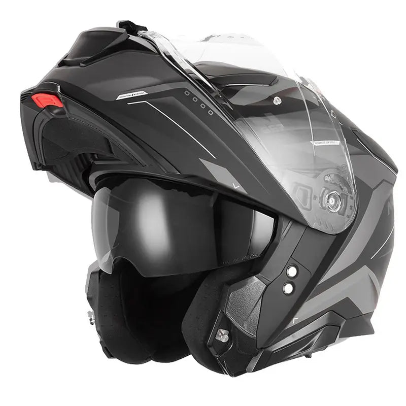 Casque modulable Nox N967 Conquer noir mat, graphismes argentés, mentonnière rétractable.