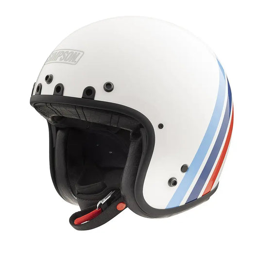 Casque Jet Simpson Chopper blanc brillant, bandes racing tricolores, homologué ECE 2206