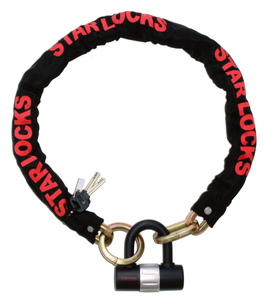 Chaîne antivol moto 1 m avec cadenas Star Locks en acier zingué section carrée et gaine textile noire