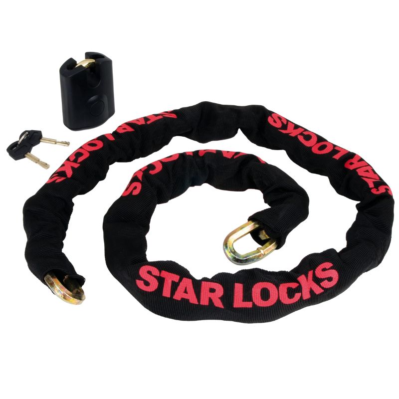 Chaîne antivol moto 1m50 avec cadenas Star Locks en acier zingué haute résistance et gaine textile noire