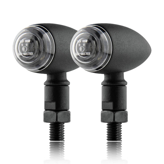 Clignotant LED moto Café Racer compact noir avec verre transparent, homologué pour route