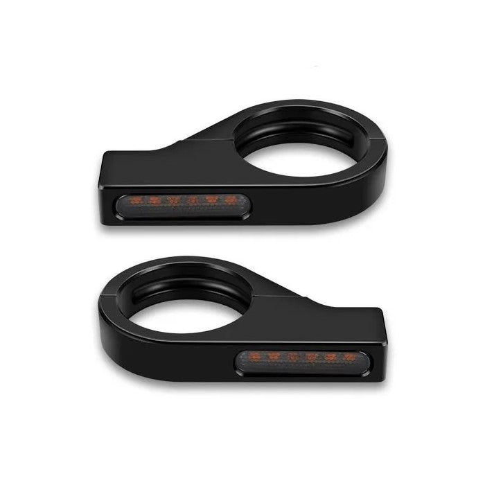 Clignotants moto Blackfire LED noirs discrets en aluminium CNC pour fourche.