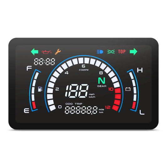 Compteur moto numérique avec écran LCD multifonction affichant la vitesse, RPM, carburant et indicateur de rapport