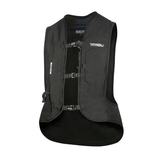 Gilet airbag moto Helite Turtle 2 noir, textile technique, mesh et bandes réfléchissantes.