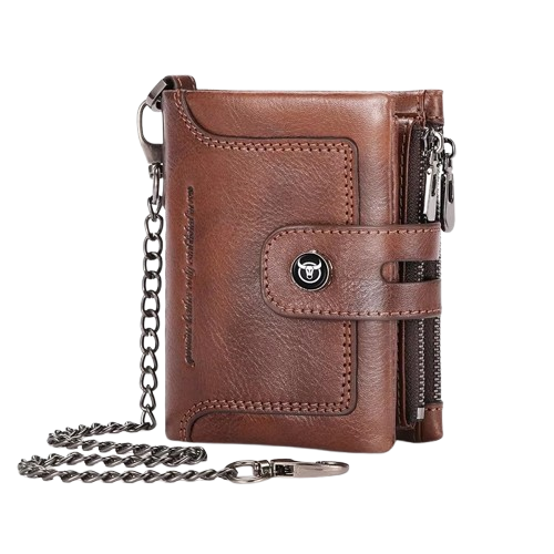 grand portefeuille homme en cuir marron avec chaîne, multiples compartiments zippés et bouton de fermeture