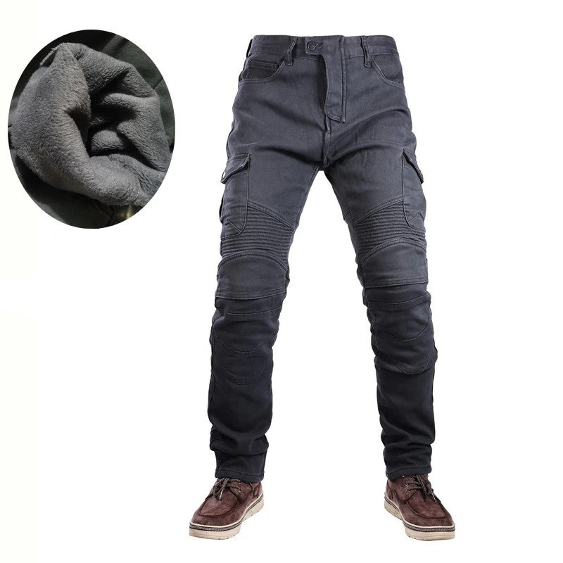 Jean de moto homme gris doublé polaire, style cargo, panneaux côtelés genoux.