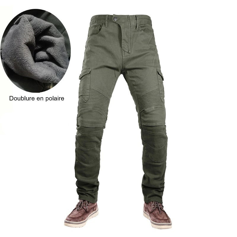 Jean de moto polaire kaki homme, empiècements biker aux genoux, protections amovibles.
